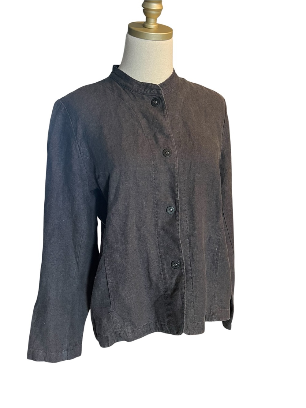 Elieen Fisher Gray Blazer Jacket Snap Buttons Size Medium 100% Linen